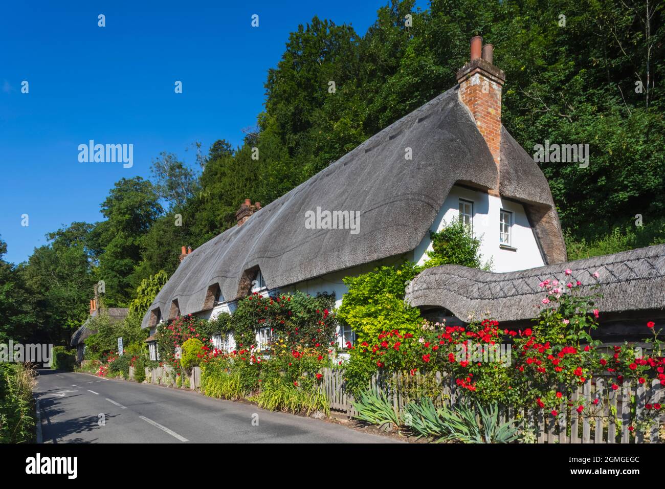 Angleterre, Hampshire, Test Valley, Wherwell, maison de campagne traditionnelle de chaume et route vide Banque D'Images