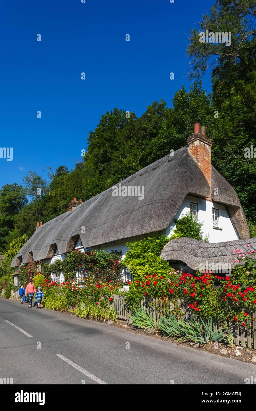 Angleterre, Hampshire, Test Valley, Wherwell, maison de campagne traditionnelle de chaume et route vide Banque D'Images