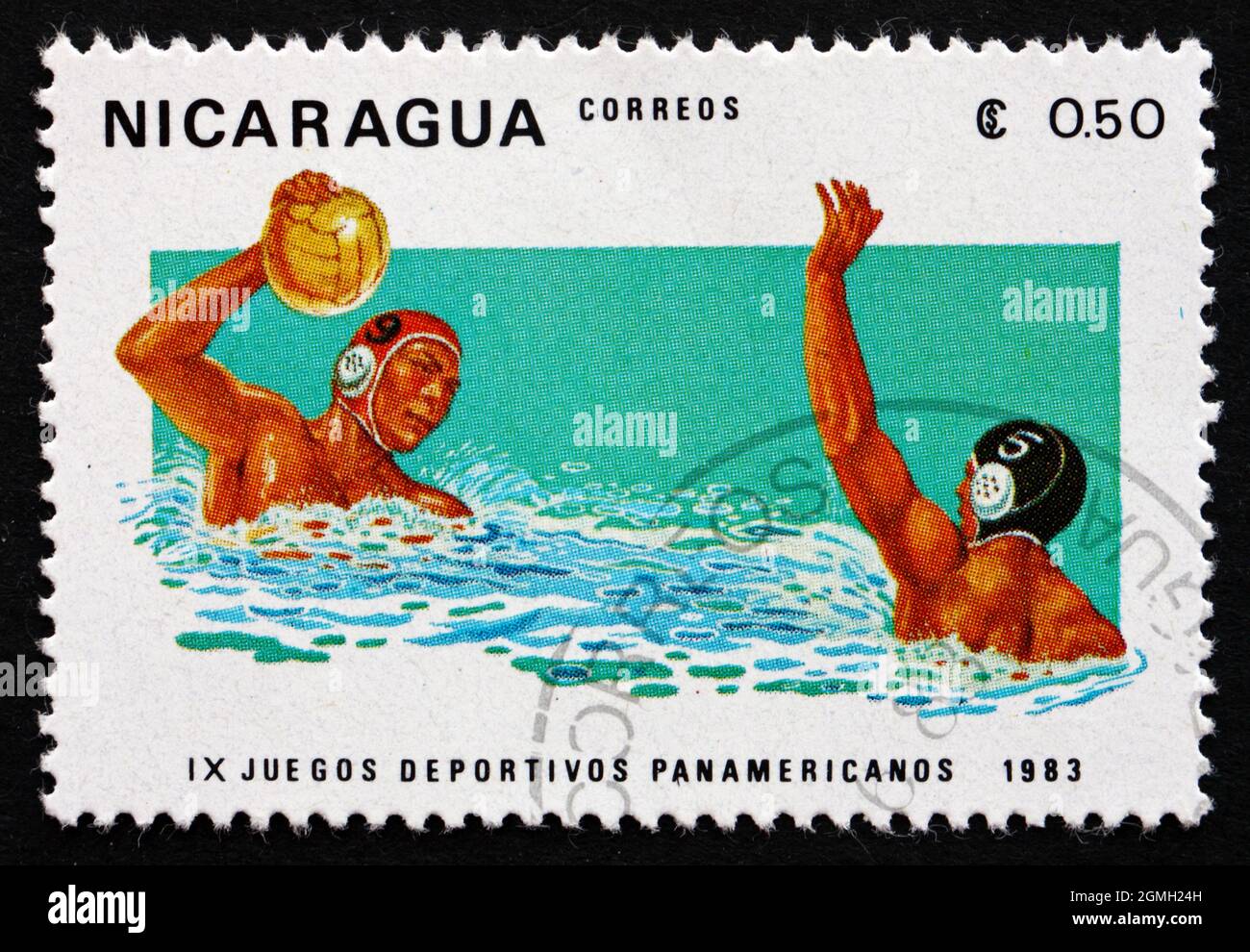 NICARAGUA - VERS 1983: Un timbre imprimé au Nicaragua montre Water polo, 9e Jeux panaméricains, vers 1983 Banque D'Images