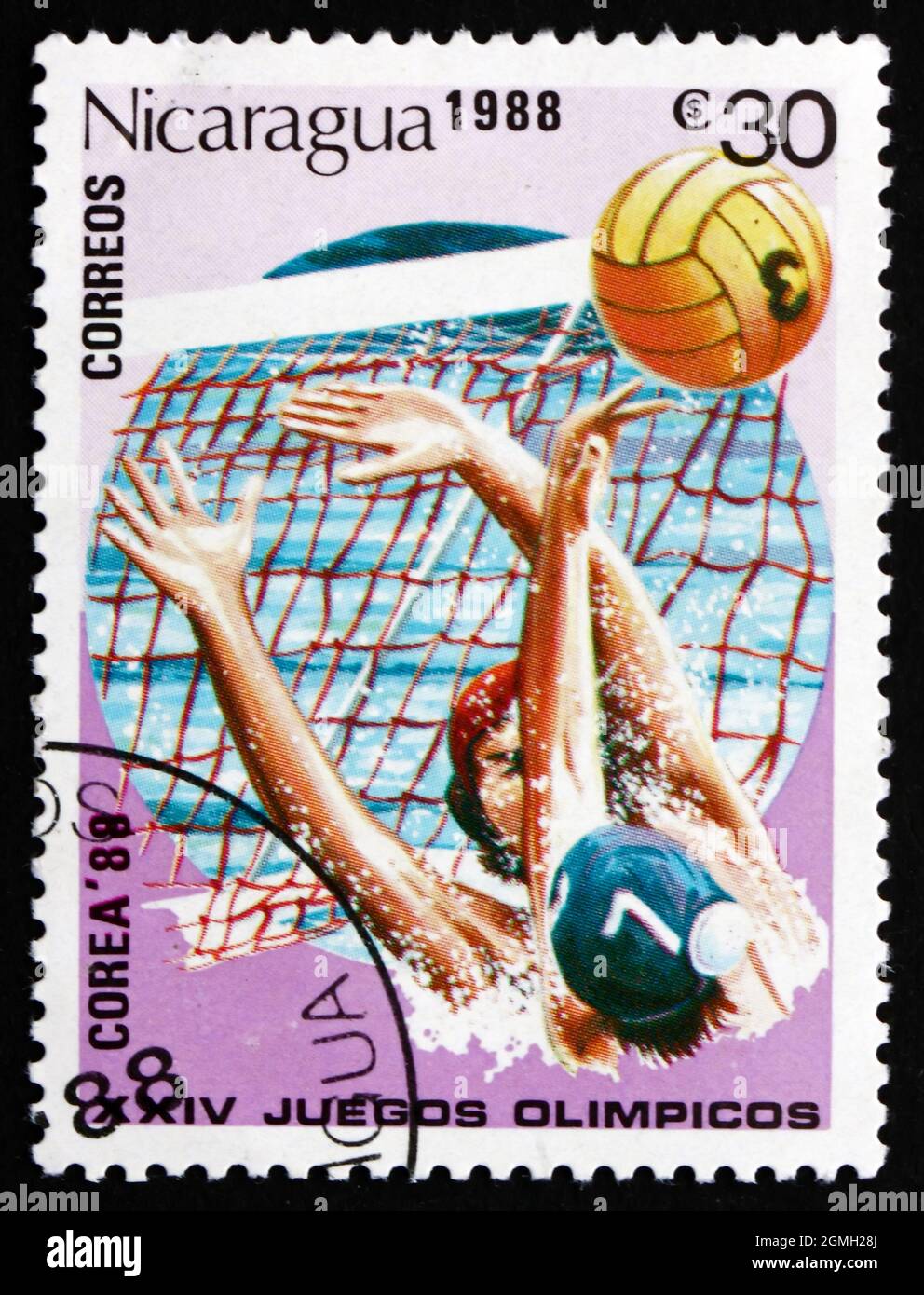 NICARAGUA - VERS 1988: Un timbre imprimé au Nicaragua montre Water polo, Jeux Olympiques d'été 1988, Séoul, vers 1988 Banque D'Images
