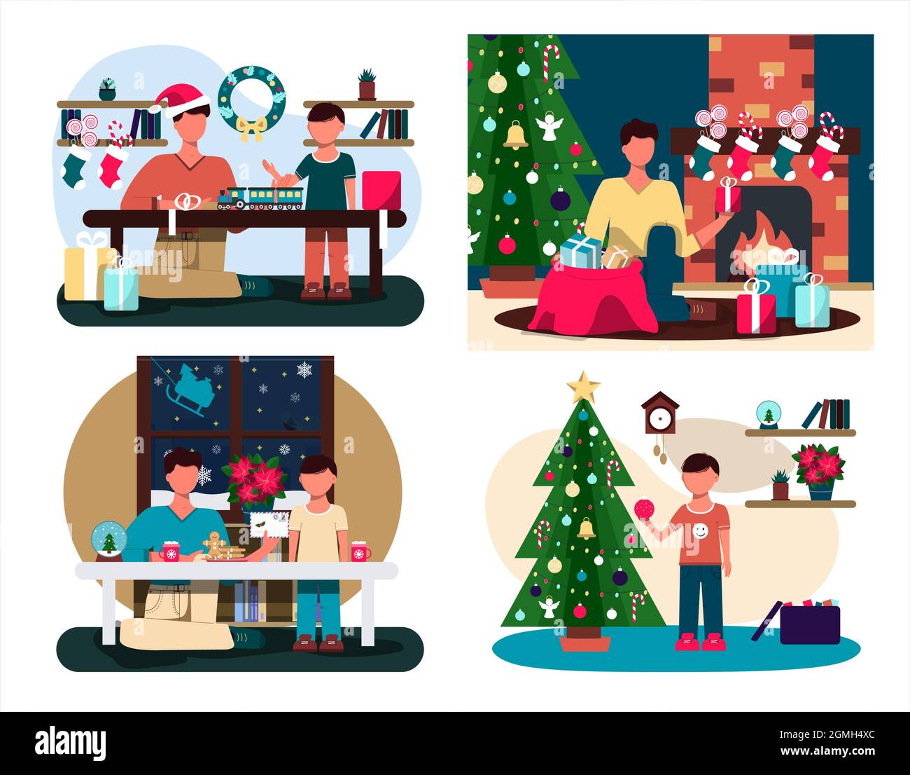 Père et fils écrivent une lettre au Père Noël. Illustration plate d'une carte de Noël. Intérieur confortable avec décorations de Noël. Table avec une tasse de Illustration de Vecteur