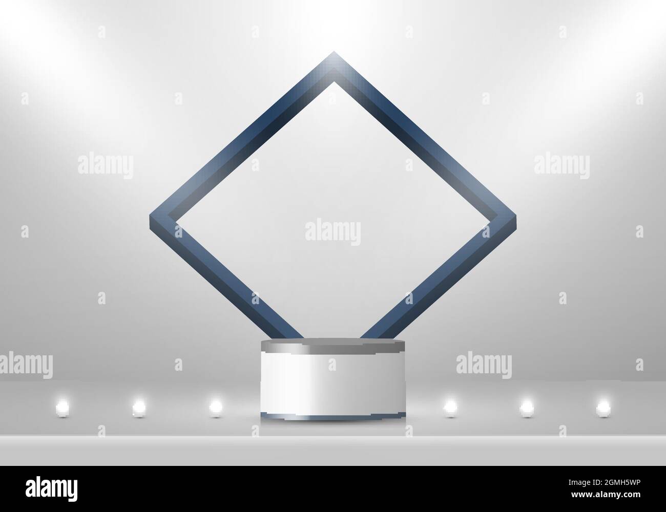 Piédestal blanc et gris à étage 3D avec cadre carré bleu et décor avec lumière LED néon scène minimale. Vous pouvez utiliser pour le produit Illustration de Vecteur