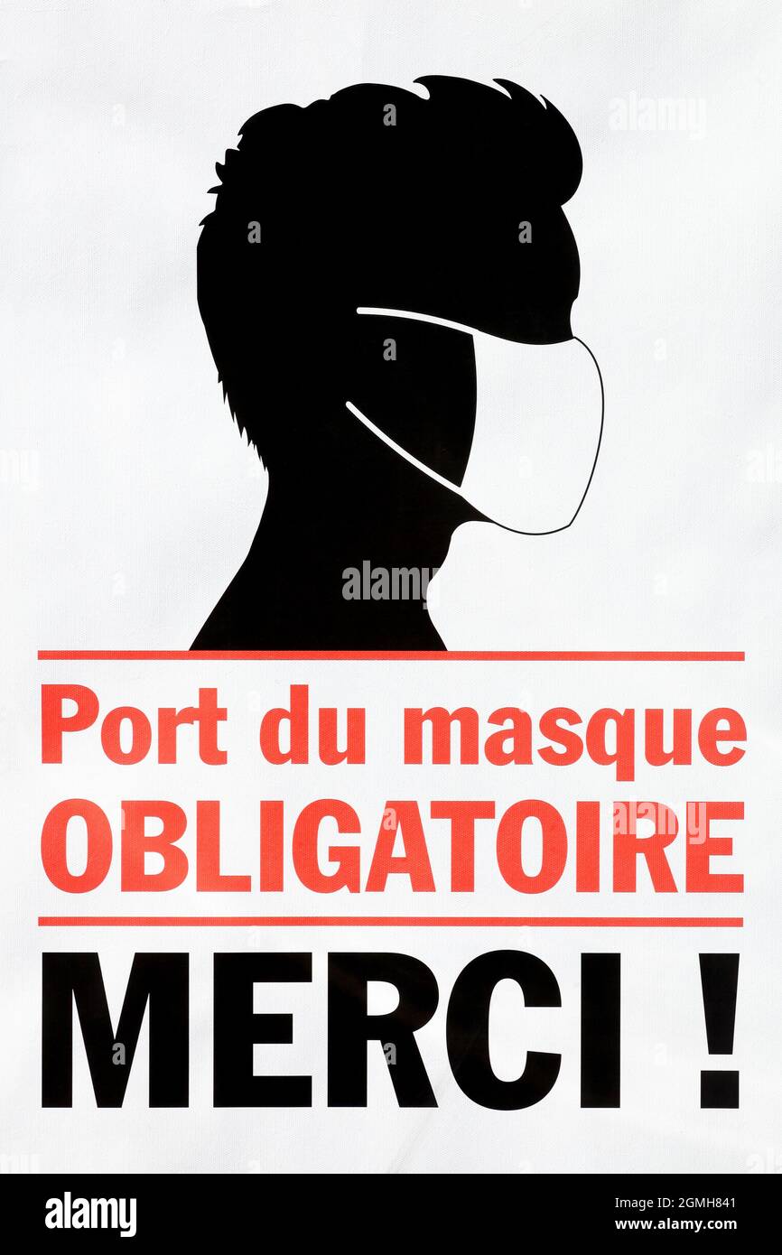 Le port d'un masque est obligatoire, symbole de remerciement appelé port du masque obligatoire merci en français Banque D'Images