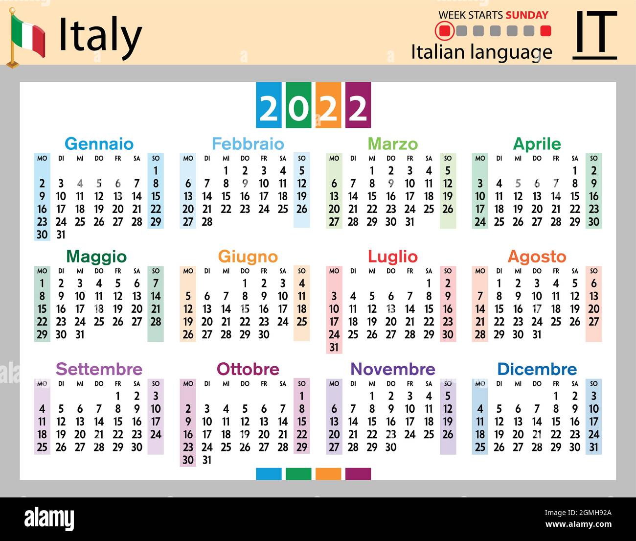 Calendrier de poche horizontal italien pour 2022 (deux mille vingt-deux). La semaine commence le dimanche. Nouvelle année. Couleur conception simple. Vecteur Illustration de Vecteur