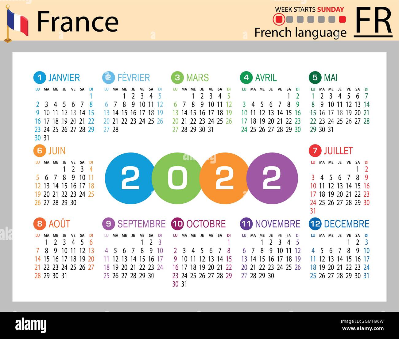 Calendrier de poche horizontal français pour 2022 (deux mille vingtdeux). La semaine commence