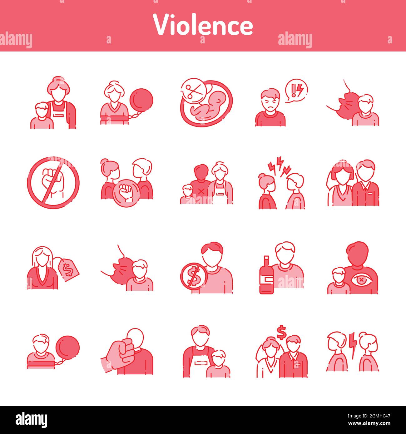 Jeu d'icônes de ligne de couleur de violence. Harcèlement, abus familial et intimidation. Pictogrammes pour la page Web, l'application mobile, la promotion. Élément de conception UI UX GUI. Modifiable s Illustration de Vecteur