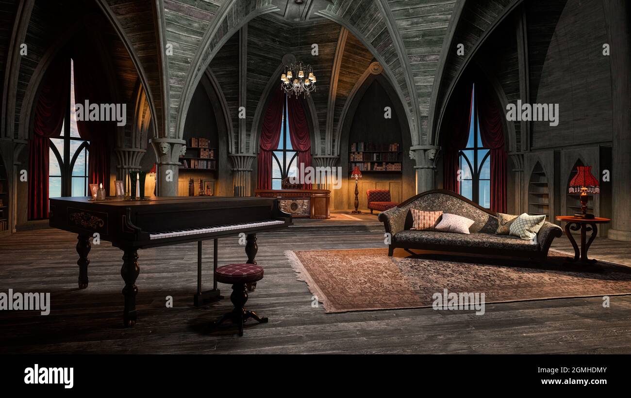 Illustration 3D d'une salle voûtée gothique avec petit piano à queue et canapé dans un château ou un palais. Banque D'Images