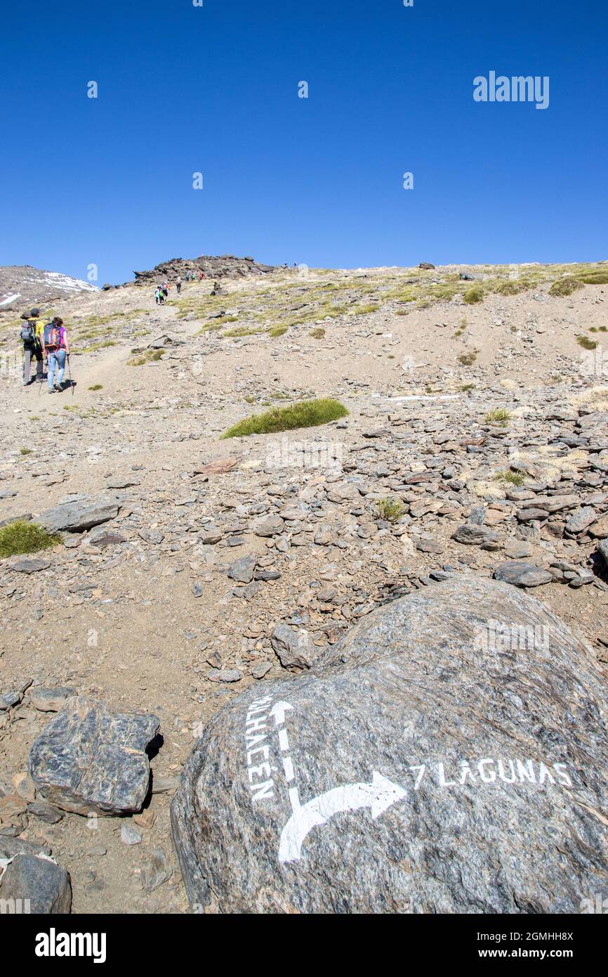 Rock dans la Sierra Nevada sur lequel est écrit 'Molhacen' 'Seen Lagoon' avec des flèches directionnelles et un groupe de randonneurs sur le chemin de Mulhacen Banque D'Images