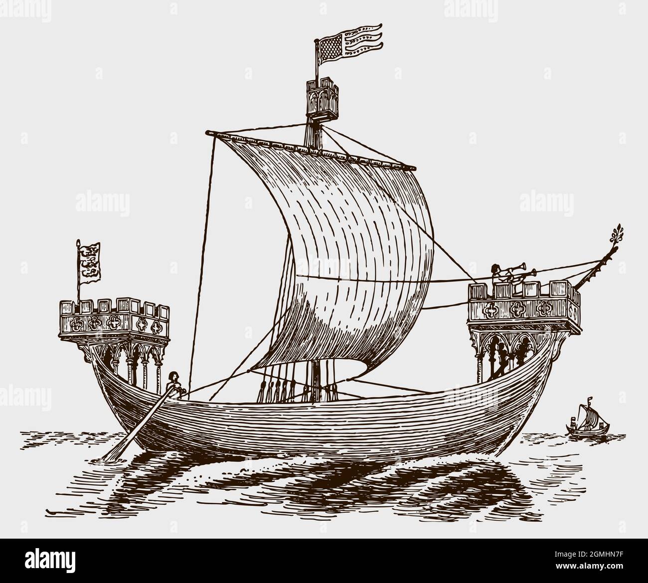 Bateau à voile croisé médiéval du XIIIe siècle en mer Illustration de Vecteur