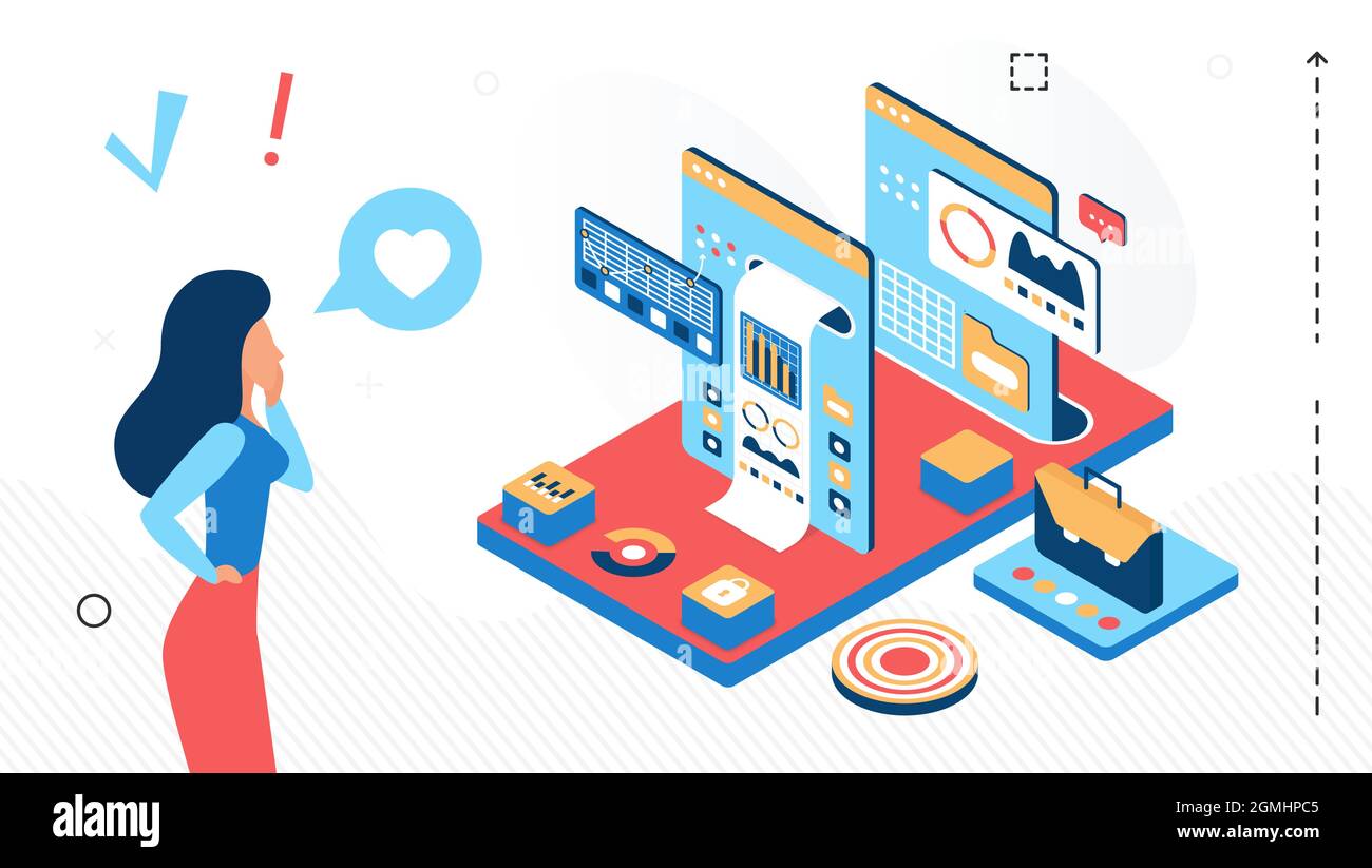 Femme d'affaires travaillant avec un tableau de bord statistique abstrait pour analyser l'illustration vectorielle isométrique de graphique de données. Logiciel de base de données en 3d de cartoon analysant la technologie isolée sur blanc Illustration de Vecteur