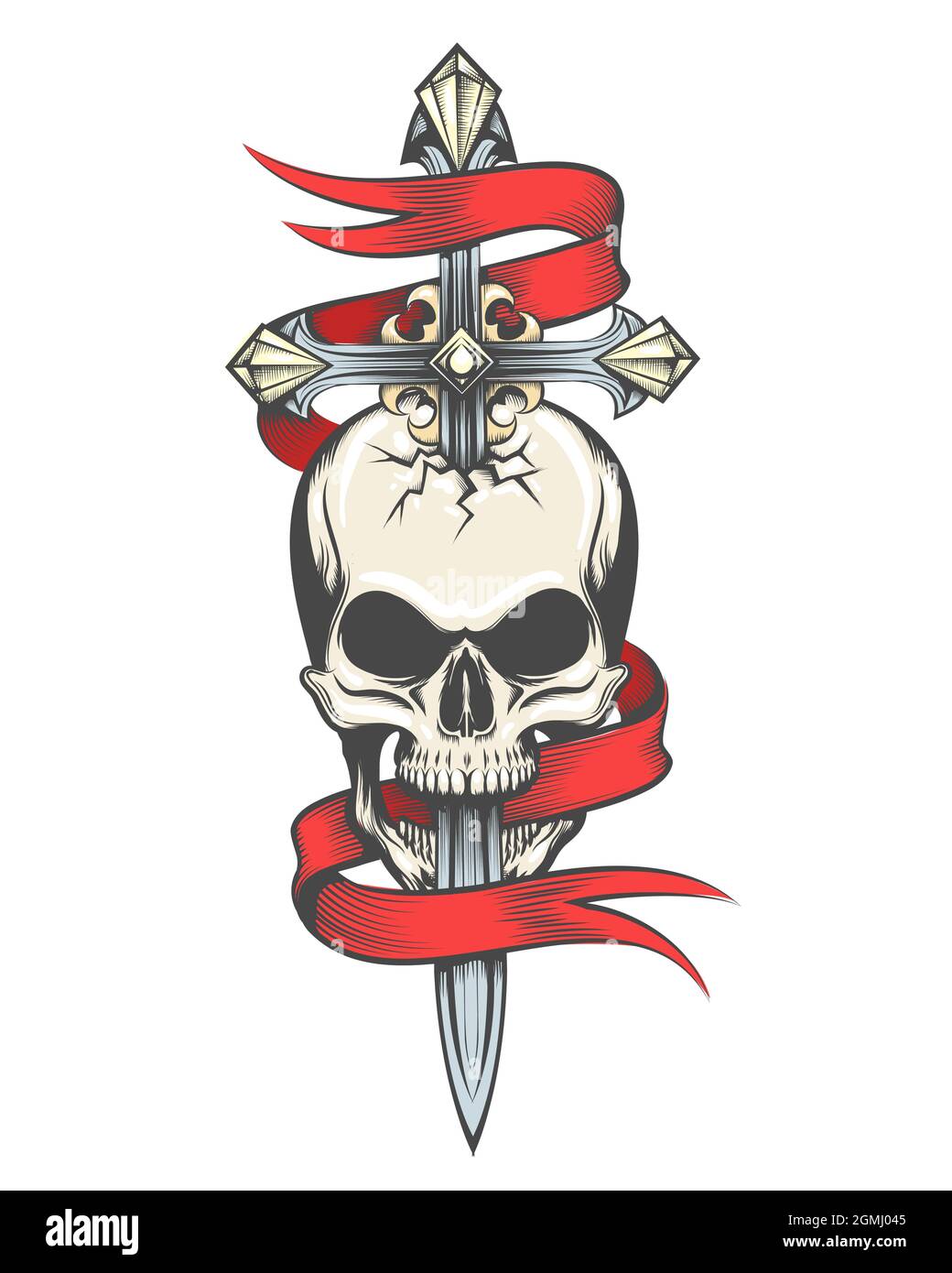 Tatouage coloré de crâne percé par épée et ruban rouge. Illustration vectorielle. Illustration de Vecteur