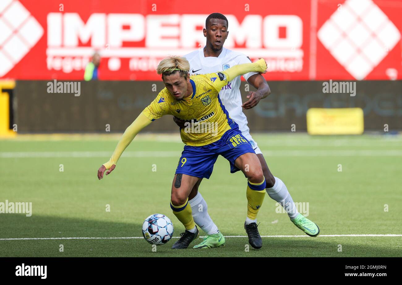 Yuma Suzuki de STVV et Carlos Cuesta de Genk se battent pour le ballon lors d'un match de football entre Sint-Truiden VV et KRC Genk, dimanche 19 septembre 2021 à Banque D'Images