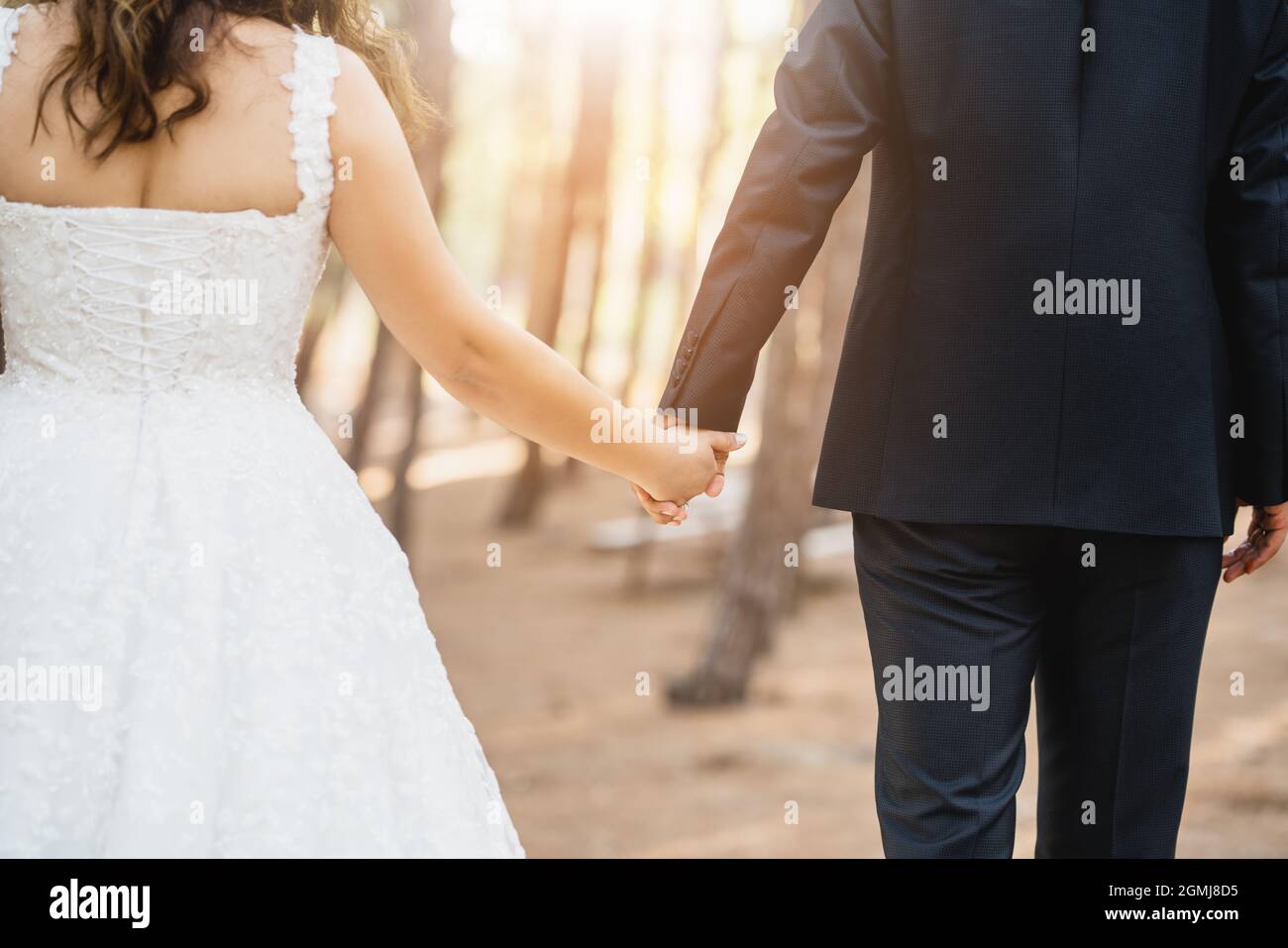 Mariée et marié ensemble, et tenant les mains contre à la vue profonde de la forêt. Concept de mariage. Photo de haute qualité Banque D'Images