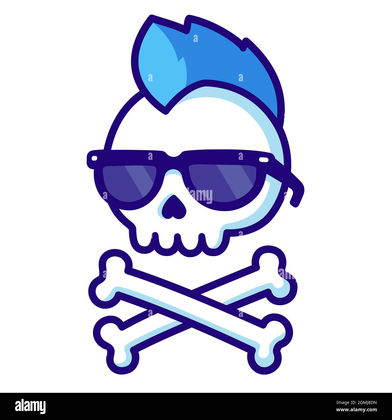 Cool bande dessinée punk rock crâne et crossos avec mohawk et lunettes de soleil. Autocollant Jolly Roger de style comique. Illustration de clip art vectoriel. Illustration de Vecteur