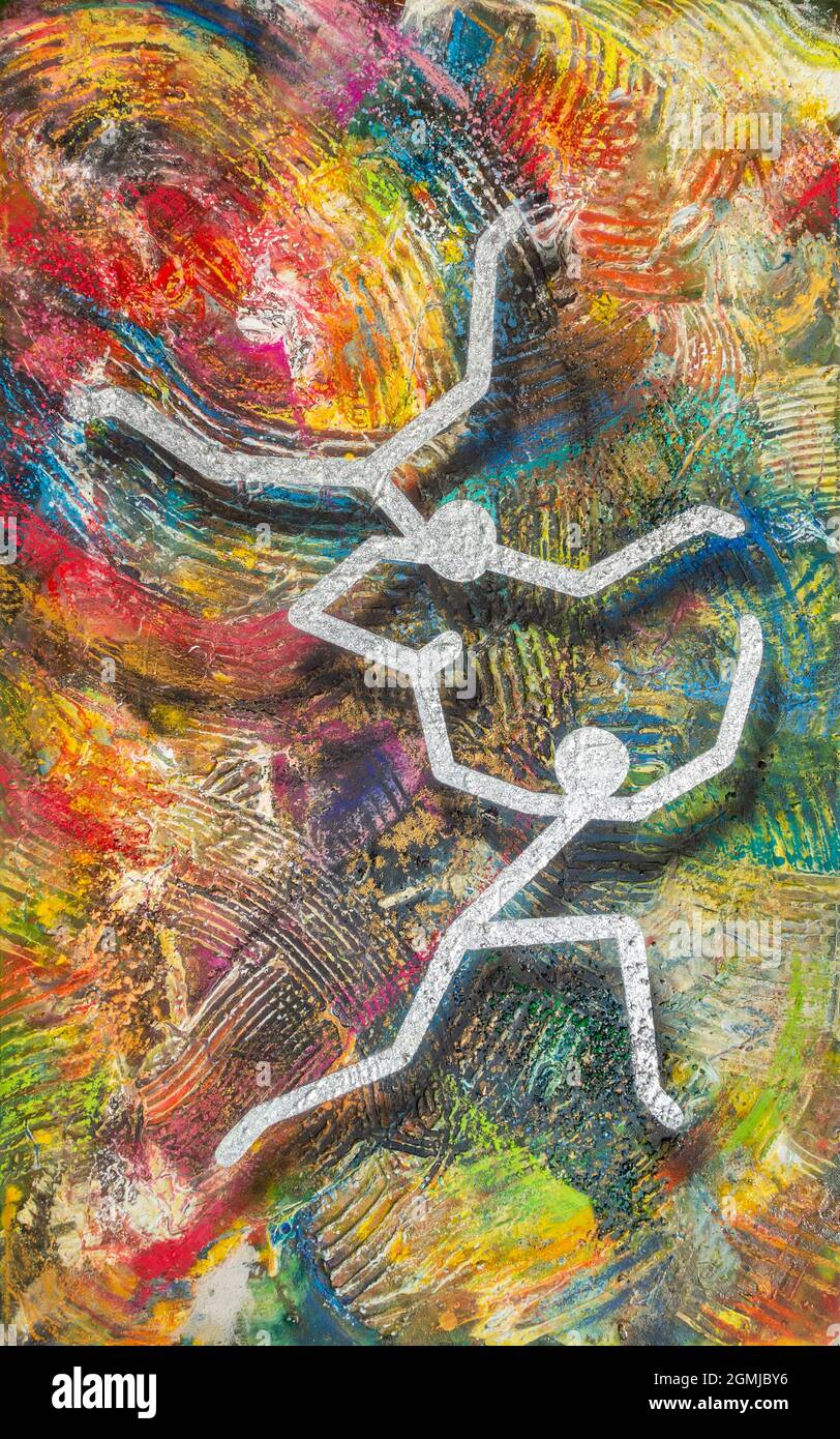 Image stylisée peinte par moi nommée interaction, montrant deux figures dans une ambiance colorée et vive Banque D'Images