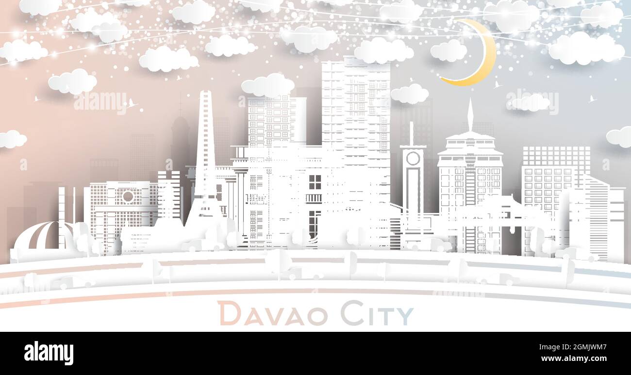Davao City Philippines Skyline en style papier coupé avec White Buildings, Moon et Neon Garland. Illustration vectorielle. Concept de voyage et de tourisme. Davao Illustration de Vecteur