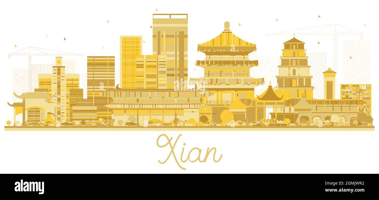 Xian China City Skyline avec bâtiments d'or isolés sur blanc. Illustration vectorielle. Concept de voyage d'affaires et de tourisme avec architecture historique. Illustration de Vecteur