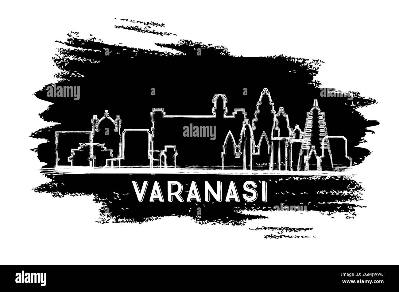 Silhouette de la ville de Varanasi en Inde. Esquisse dessinée à la main. Concept de voyage d'affaires et de tourisme avec architecture historique. Illustration vectorielle. Illustration de Vecteur