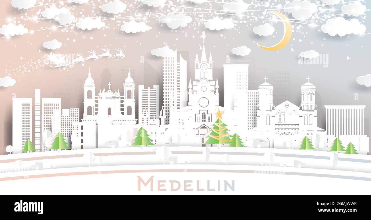 Medellin Colombia City Skyline en papier coupé avec flocons de neige, Lune et Neon Garland. Illustration vectorielle. Concept Noël et nouvel an. Illustration de Vecteur