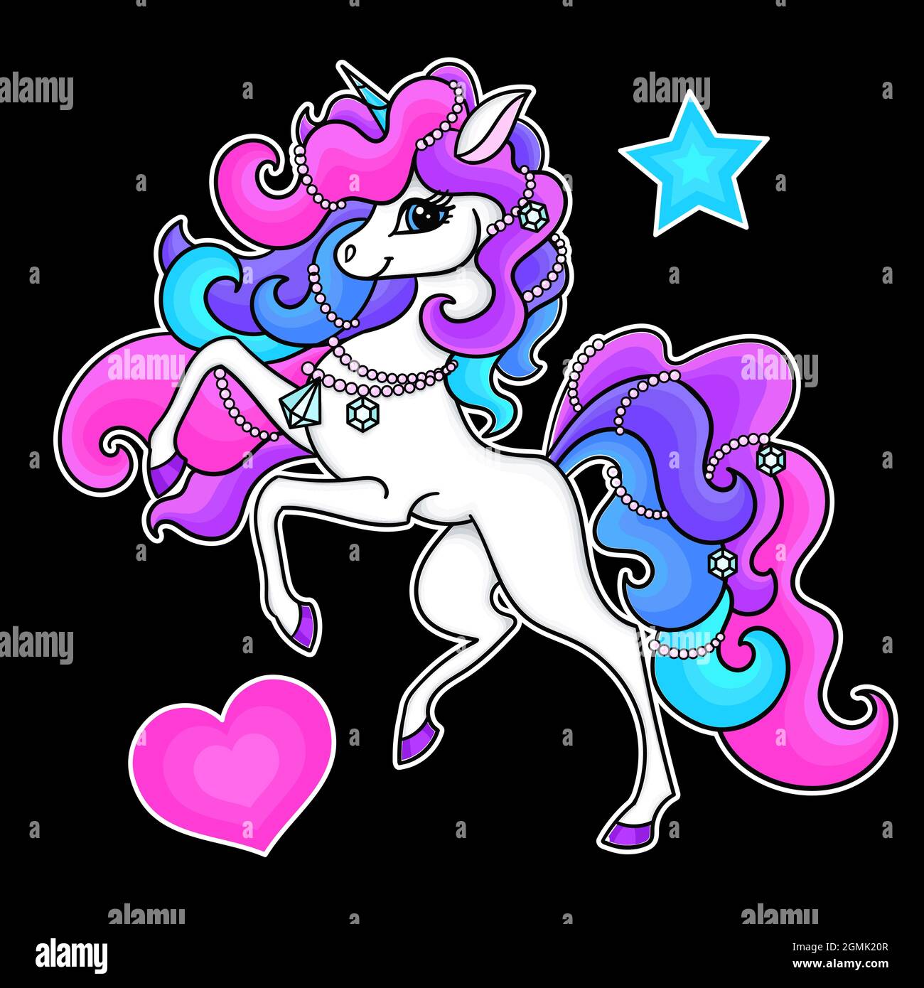 Une jolie licorne blanche avec une forme arc-en-ciel.Sur fond noir.Illustration vectorielle Illustration de Vecteur