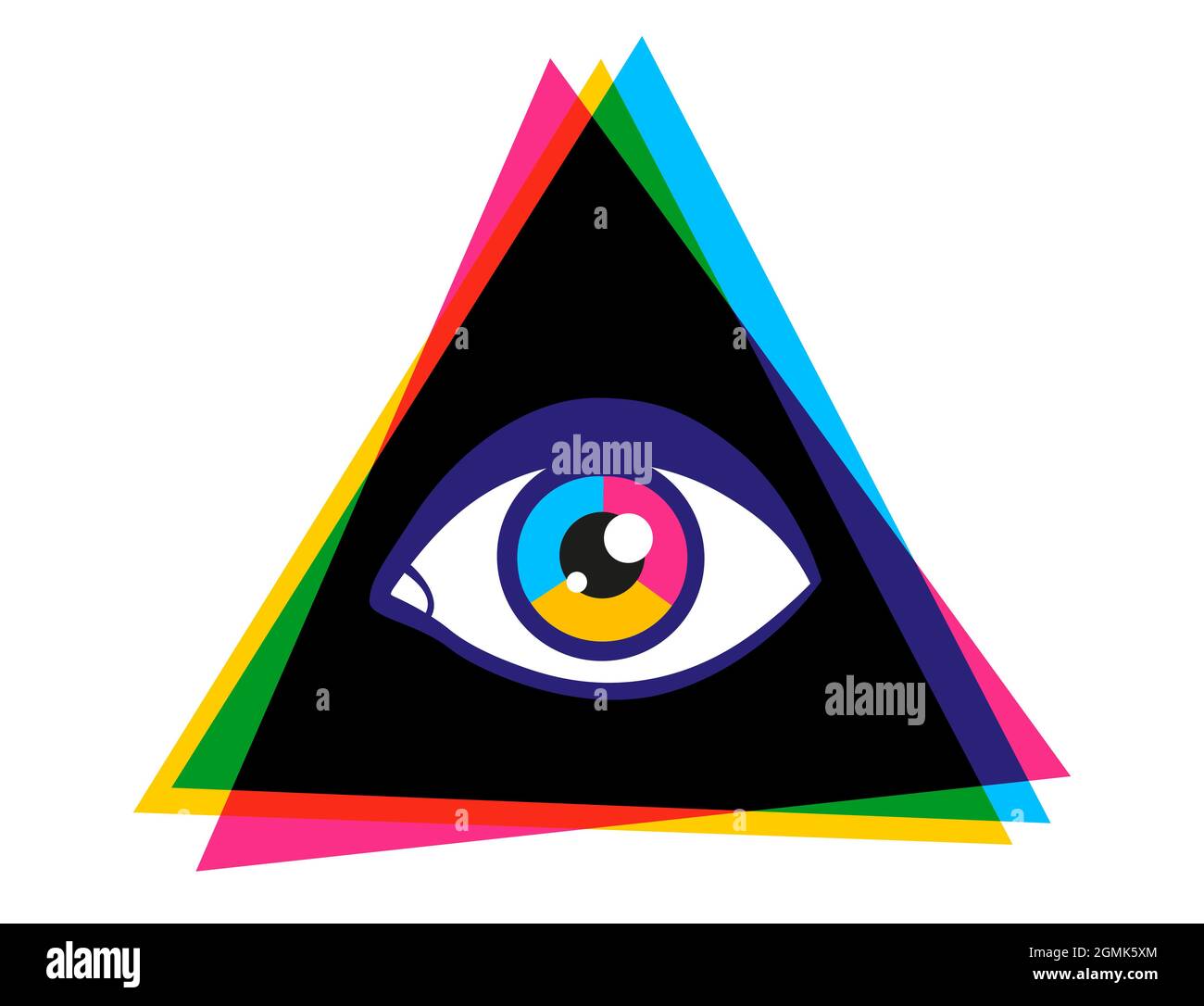 Pyramide Vector vintage avec œil dans le style des années 90. Affiche vectorielle vintage avec pyramide et œil. Pyramide arc-en-ciel en style CMJN. Illustration de Vecteur