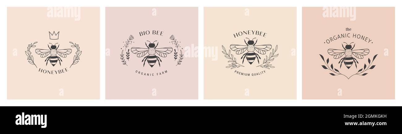 Collection d'abeilles dessinées à la main, miel biologique, logo, emblème, étiquette et design d'emballage Illustration de Vecteur