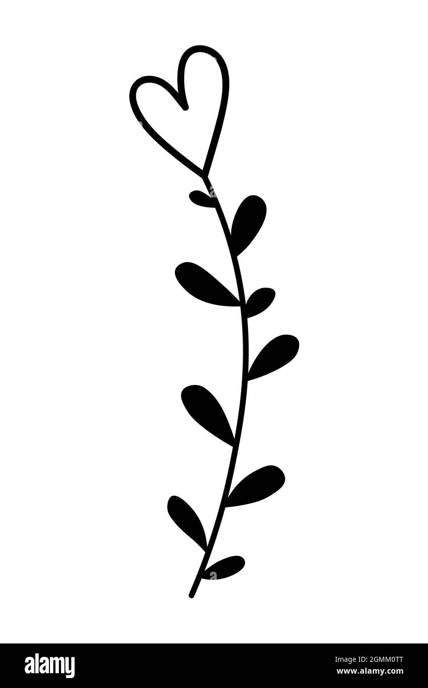 Branche dessinée à la main avec coeur. Illustration vectorielle de style doodle isolée sur fond blanc. Élément à motif fleuri pour mariage, vacances, carte postale, Illustration de Vecteur