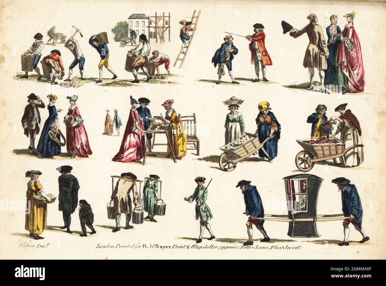 Groupes de figures du XVIIIe siècle en passe-temps urbains. Constructeurs, tiroirs à eau, porte-berlines, vendeurs d’huîtres, vendeurs de fruits à brouettes, etc. Gravure en copperplate de couleur main par Elliott, d’après Anthony Walker, du Vade Mecum de l’artiste de Robert Sayer, The Artist’s, Wing the Art of Drawing, Londres, 1766. Banque D'Images