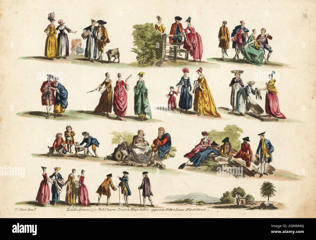 Groupes de figures du XVIIIe siècle. Hommes et femmes du pays, acheter du homard, jouer de la musique, marcher, flirter, lecture. Gravure sur plaque de coperplate de couleur main, d’après Anthony Walker, du Vade Mecum de l’artiste de Robert Sayer, The Artist’s The Artist’s, The Whole Art of Drawing, Londres, 1766. Banque D'Images