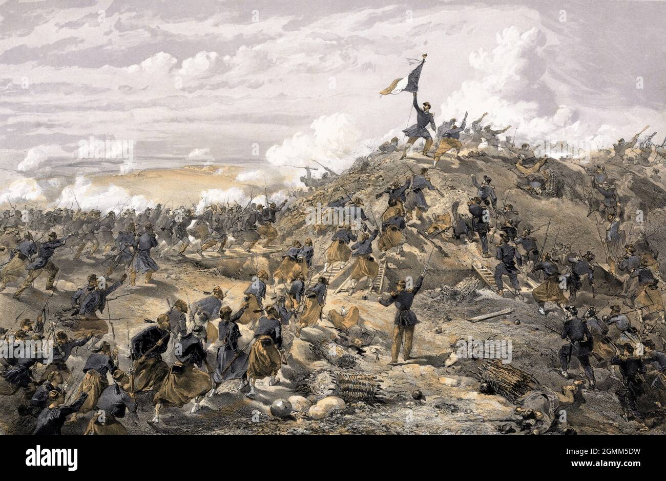 La bataille de Malakoff pendant la guerre de Crimée, dans laquelle les Français s'emmenèrent et prirent le point stratégique de Malakoff. L'œuvre montre que le zouave français Eugène Libaut élève le drapeau français au sommet de la redoute russe. Banque D'Images