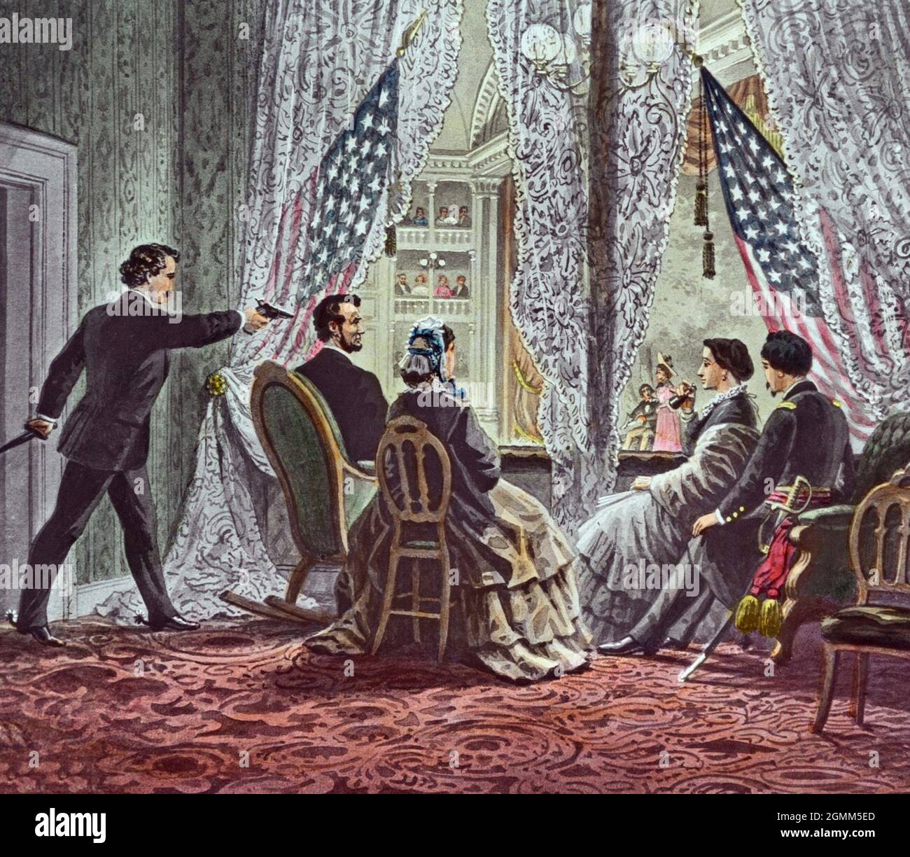 John Wilkes Booth se penchait vers l'avant pour tirer sur le président Abraham Lincoln alors qu'il regarde notre cousin américain au théâtre Ford à Washington, D.C. Banque D'Images
