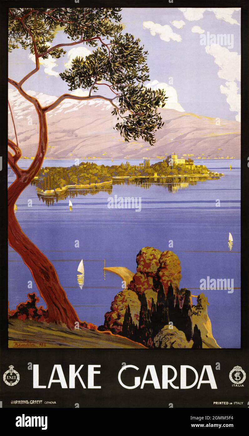 Une affiche de voyage vintage pour le lac de Garde en Italie Banque D'Images