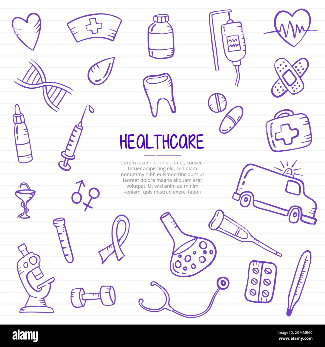 l'industrie de la santé doodle dessiné à la main avec le style de contour sur papier livres illustration vectorielle de ligne Banque D'Images