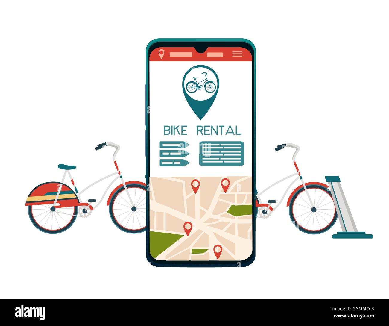 Application smartphone de location de vélos avec carte et illustration vectorielle de menu sur fond blanc Illustration de Vecteur