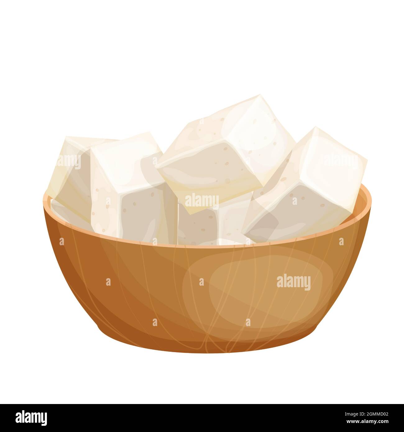 Tofu dans un bol en bois de style dessin animé isolé sur fond blanc. Alimentation végétarienne, alimentation saine. Tofu froid dans la tasse. Cuisine traditionnelle. Vecteur i Illustration de Vecteur