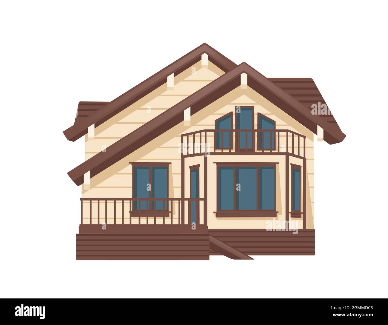 Maison de campagne avec portes et grandes fenêtres couleur marron immeuble résidentiel illustration vectorielle sur fond blanc Illustration de Vecteur