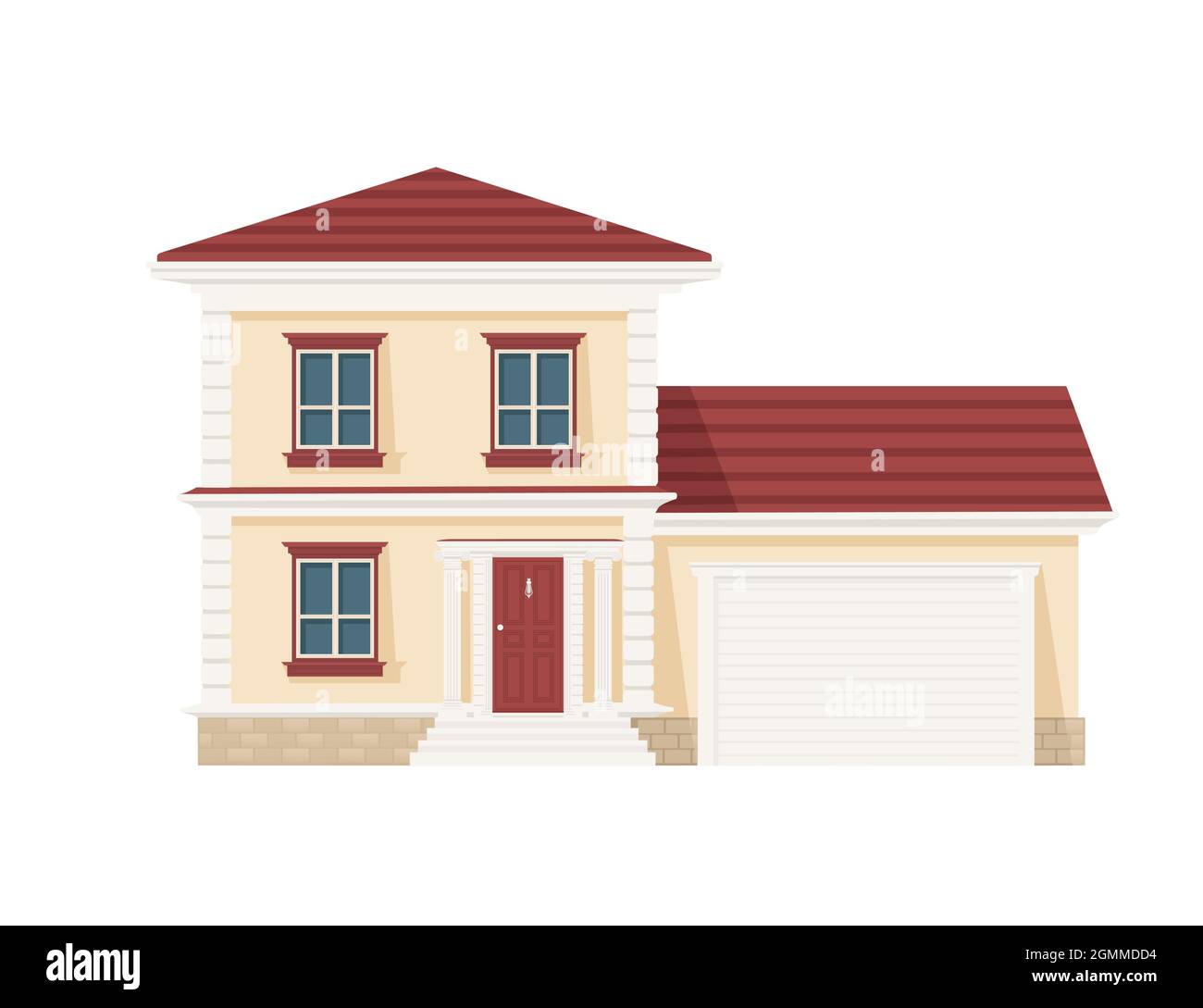 Maison de campagne avec fenêtres de porte et porte de garage rouge beige couleur bâtiment résidentiel illustration vectorielle sur fond blanc Illustration de Vecteur