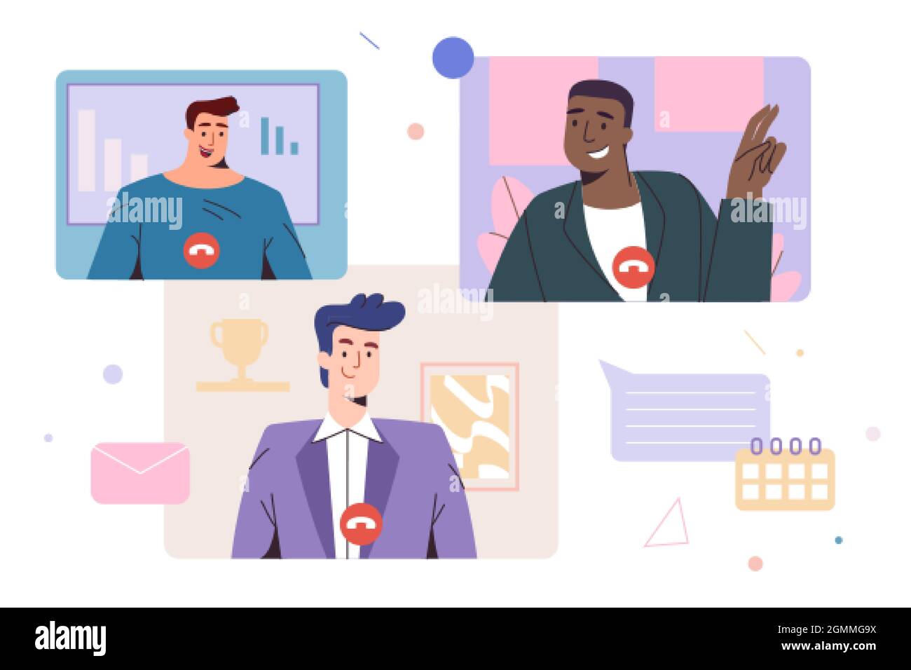 Réunion vidéo de collègues, amis. Vidéoconférence ou communication Web à distance. Discussion en ligne, diffusion en direct ou visioconférence virtuelle des employés. Illustration vectorielle plate des travaux à domicile Illustration de Vecteur