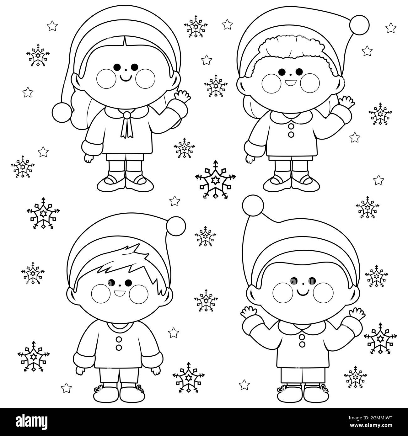 Groupe d'enfants en costumes de Noël du Père Noël. Page de couleur noir et blanc. Banque D'Images