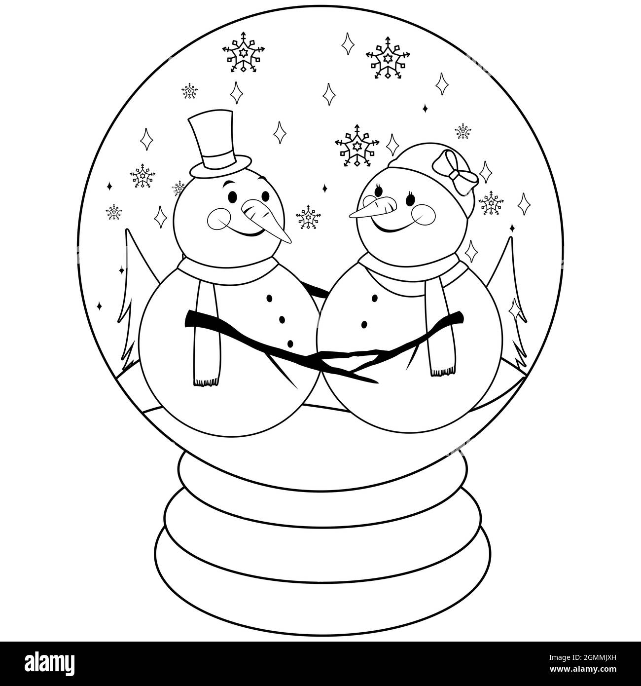 Des bonhommes de neige mignons dans un globe de neige. Page de couleur noir et blanc. Banque D'Images