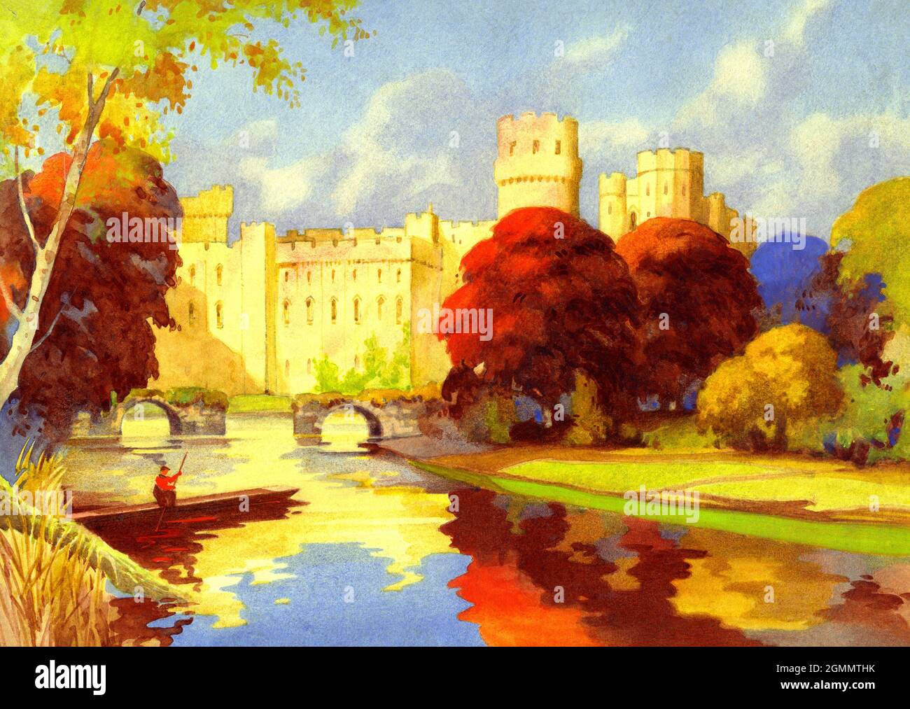 Un aquarelle et une peinture à l'encre aux couleurs vives et chaudes du château de Warwick, Warwickshire, Angleterre, Royaume-Uni peint 1930. Le point de vue est à l'ouest et comprend également un homme dans un punt sur la rivière Avon et les ruines du vieux pont du château. Certains arbres ont des couleurs d'automne profondes. Cette image élégante a été utilisée sur le dessus d'une boîte de Blue Bird Luxury Toffee. Blue Bird Toffee a été fondée à Hunnington, près de Birmingham, West Midlands, Angleterre en 1898 par Harry Vincent – vintage graphiques 1920/30s. Banque D'Images Un aquarelle et une peinture à l'encre aux couleurs vives et chaudes du château de Warwick, Warwickshire, Angleterre, Royaume-Uni peint 1930. Le point de vue est à l'ouest et comprend également un homme dans un punt sur la rivière Avon et les ruines du vieux pont du château. Certains arbres ont des couleurs d'automne profondes. Cette image élégante a été utilisée sur le dessus d'une boîte de Blue Bird Luxury Toffee. Blue Bird Toffee a été fondée à Hunnington, près de Birmingham, West Midlands, Angleterre en 1898 par Harry Vincent – vintage graphiques 1920/30s. Banque D'Images