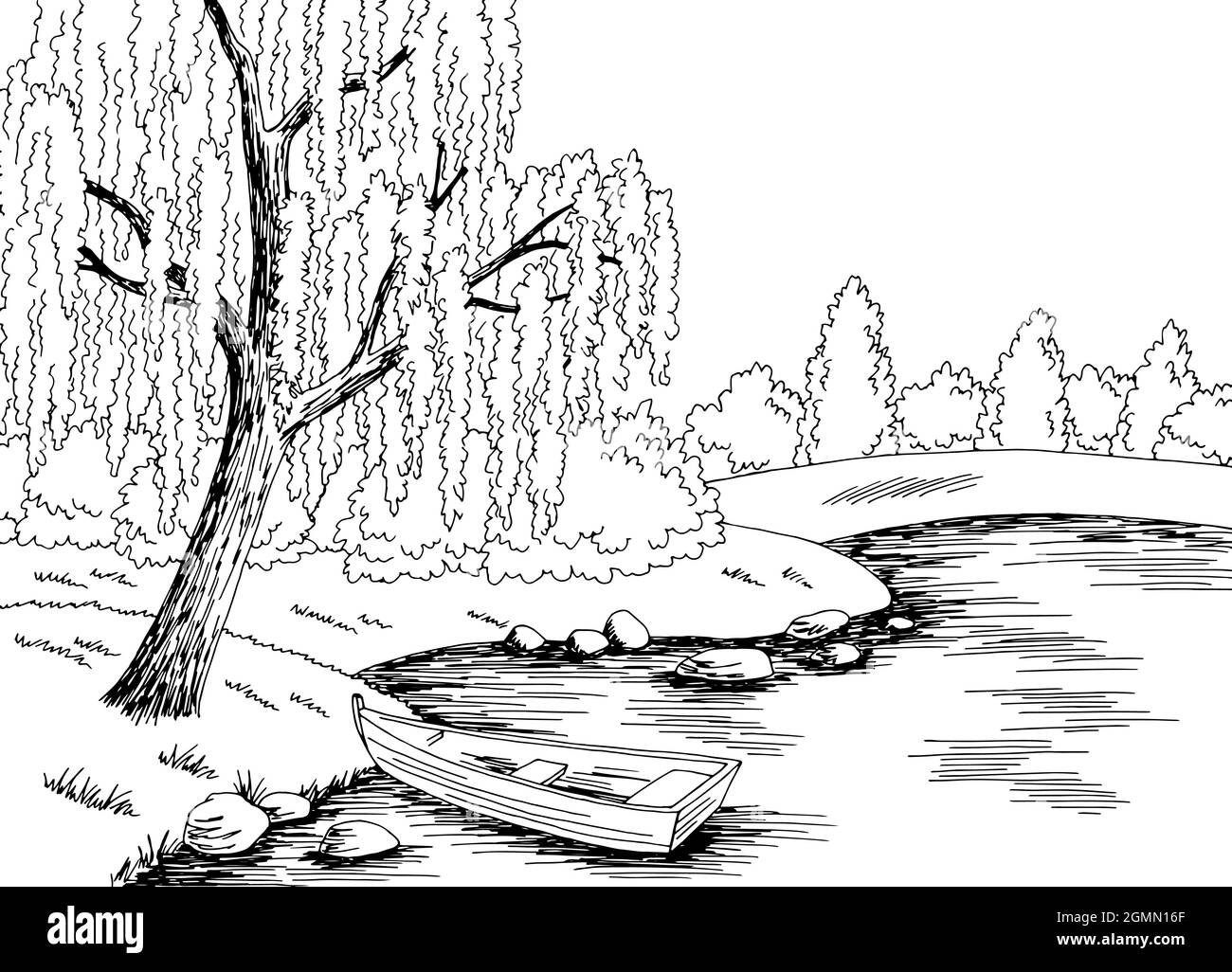 Lake boat graphique noir blanc paysage dessin illustration vecteur Illustration de Vecteur