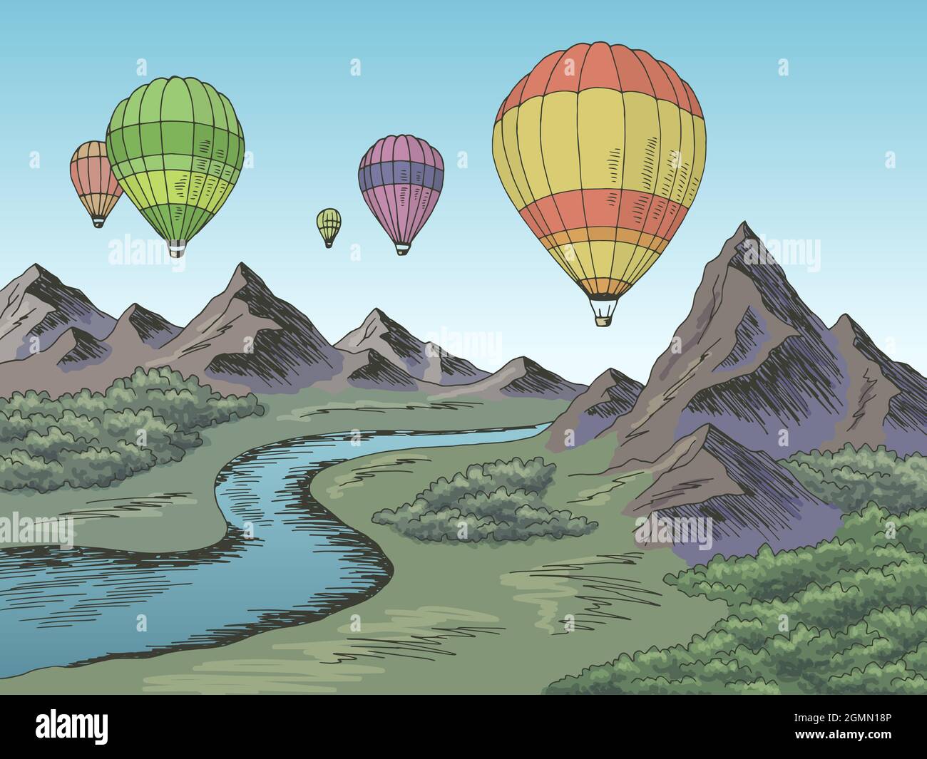 Air ballon voyage montagne rivière graphique couleur paysage esquisse illustration vecteur Illustration de Vecteur