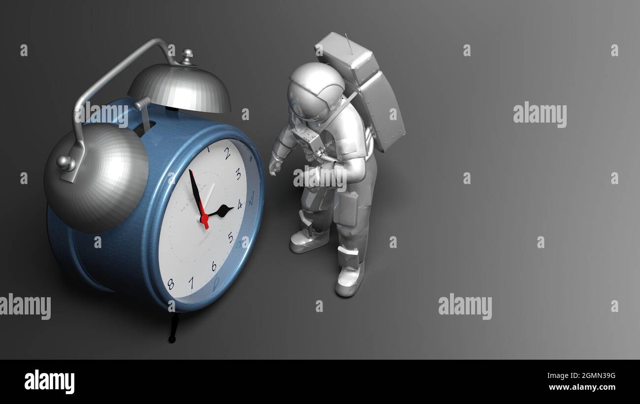 L'astronaute est à proximité d'un réveil - illustration du rendu 3D Banque D'Images