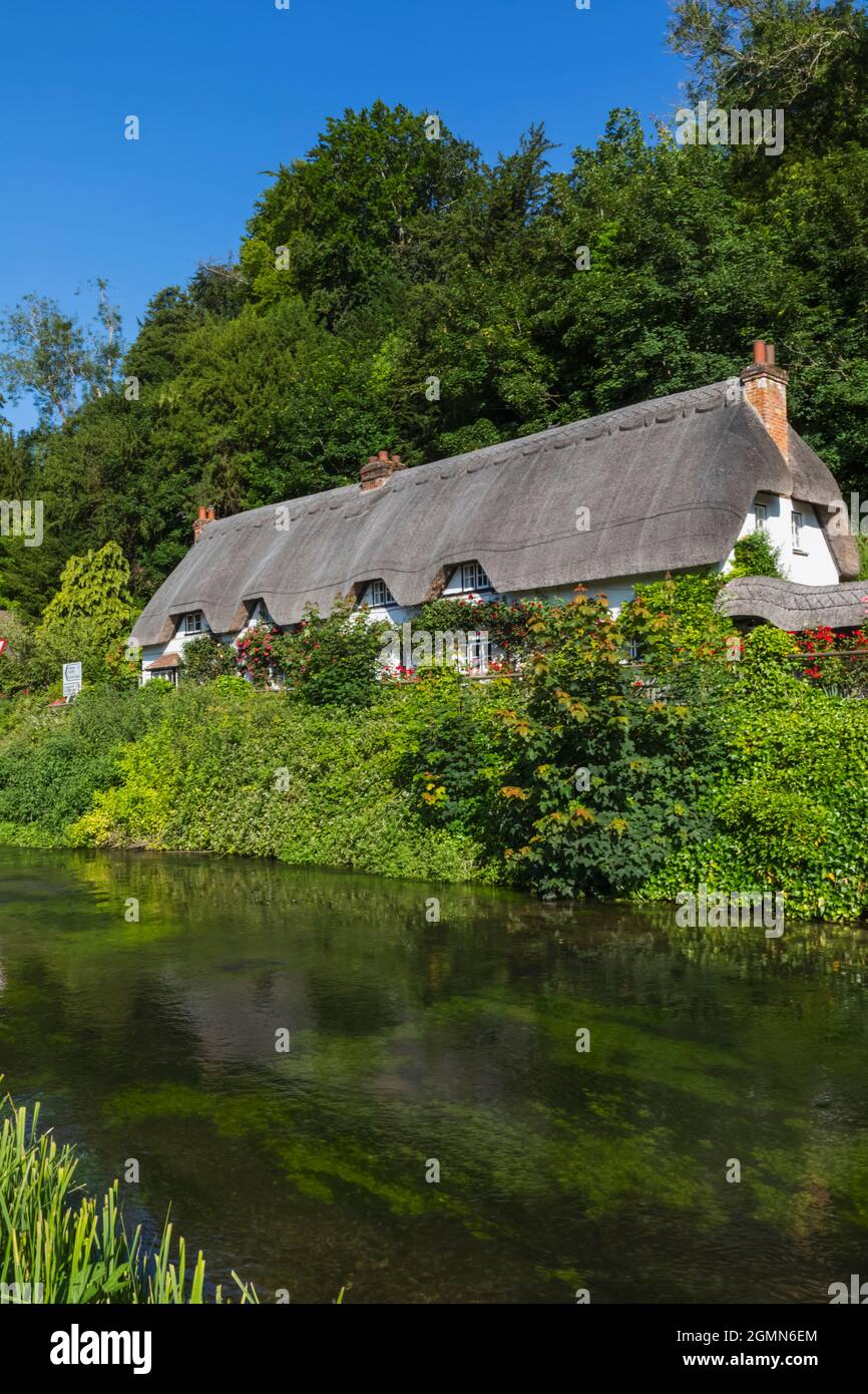 Angleterre, Hampshire, Test Valley, Wherwell, maison de campagne traditionnelle de chaume et River Test Banque D'Images