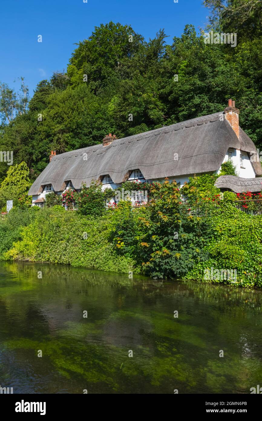 Angleterre, Hampshire, Test Valley, Wherwell, maison de campagne traditionnelle de chaume et River Test Banque D'Images