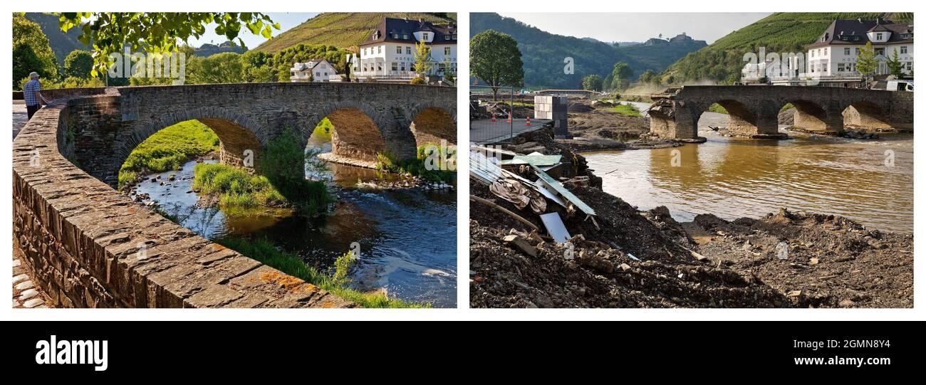 Catastrophe d'inondation 2021 Ahrtal, vallée de l'Ahr, pont de Nemopuk avant et après l'asseur d'inondation, Allemagne, Rhénanie-Palatinat, Eifel, Weinort Rech Banque D'Images