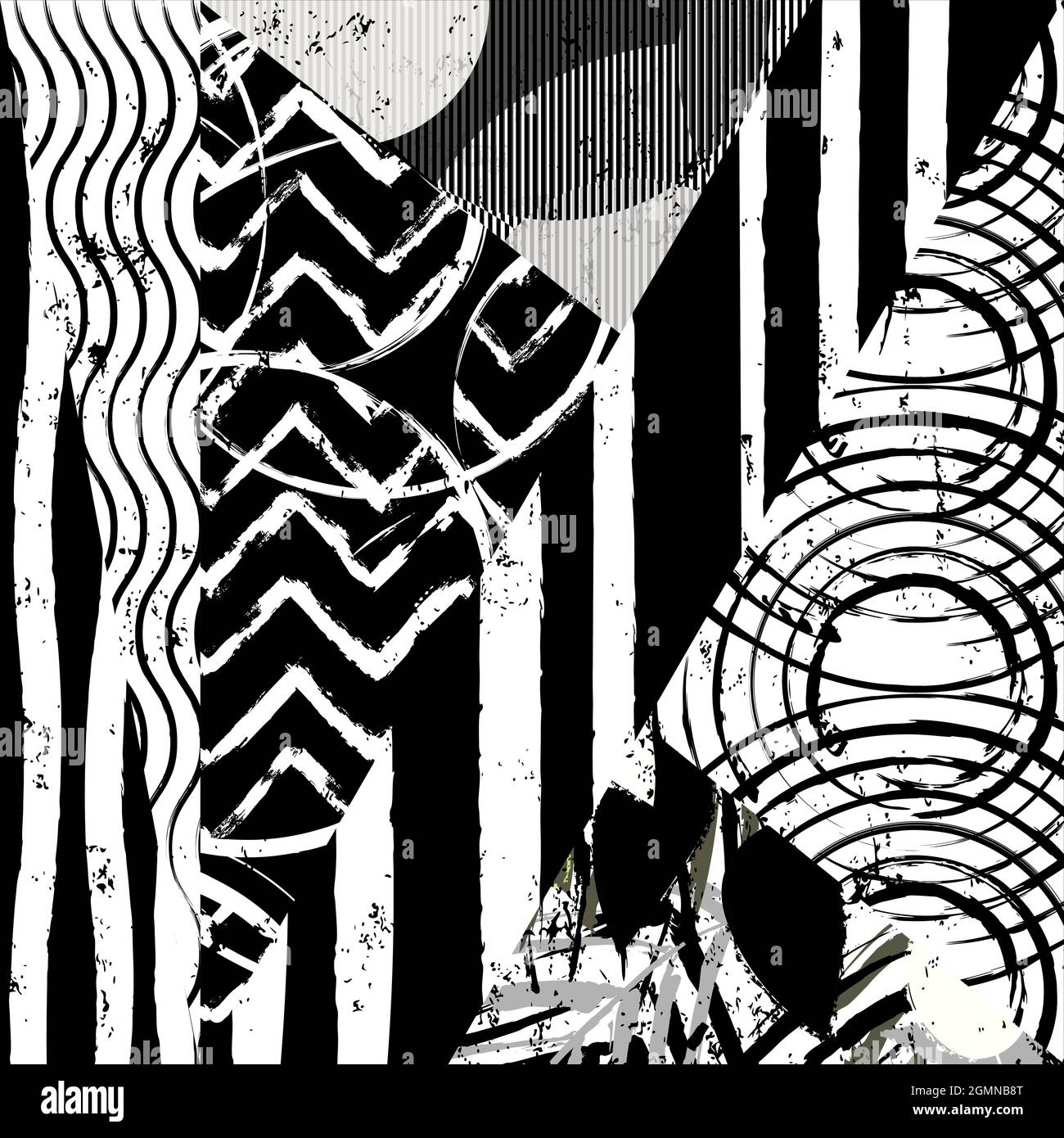 motif d'arrière-plan géométrique abstrait, avec triangles, cercles, traits de peinture et éclaboussures, noir et blanc Illustration de Vecteur