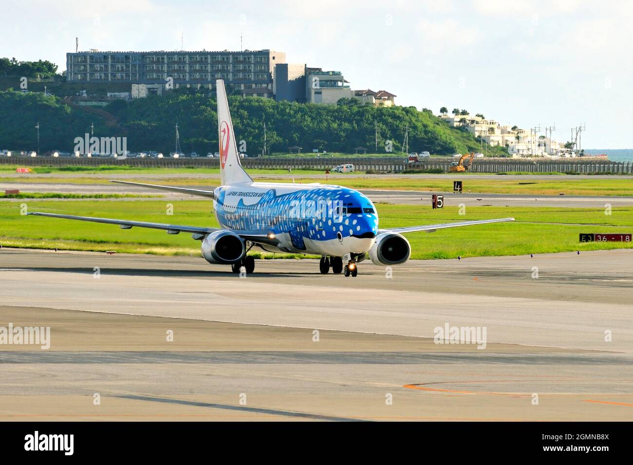 Blue Whaleshark, Boeing B-737/400, JA8939, Japan Transocean Airline, JTA, aéroport de Naha, Okinawa, îles Ryukyu, Japon Banque D'Images