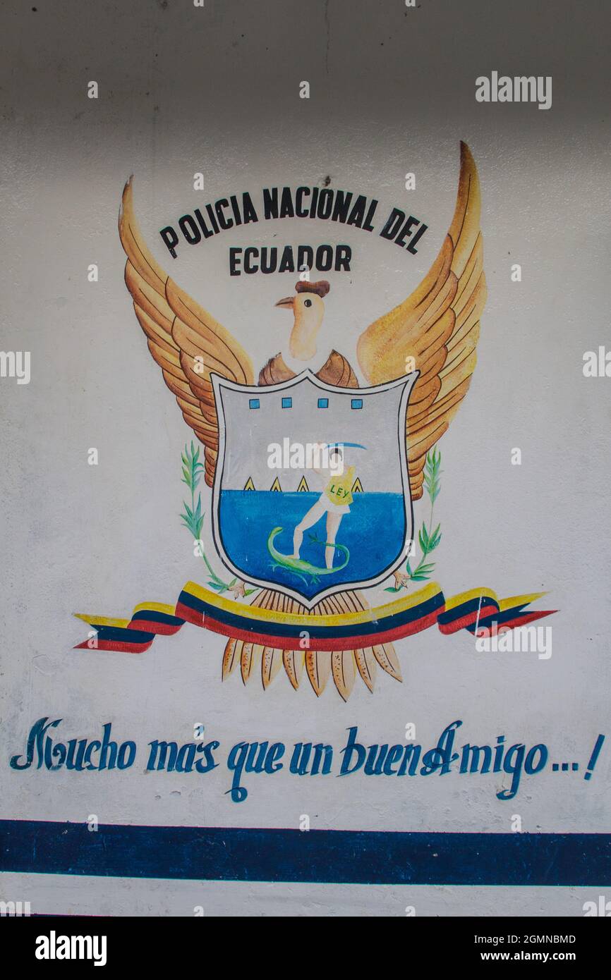 LA BALSA, EQUATEUR - 14 JUIN 2015: Police équatorienne slogan: Police nationale de l'Equateur. Bien plus qu'un bon ami. Banque D'Images